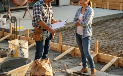 Professional contractor providing a free on-site concrete estimate to a homeowner at a construction site, discussing project details and costs.
