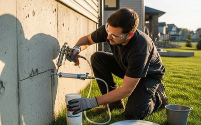 Professional contractor repairing concrete cracks with epoxy injection in a residential setting, highlighting effective concrete crack repair solutions for homeowners.