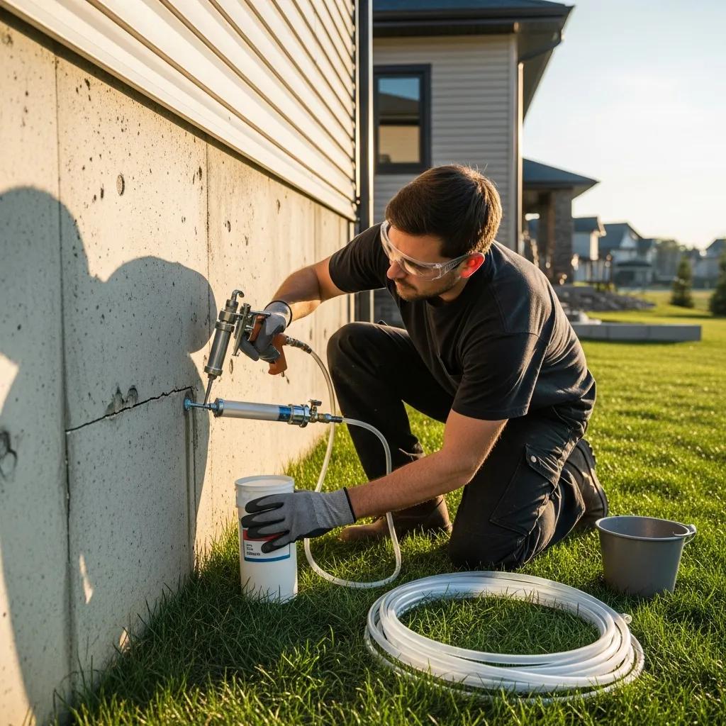 Professional contractor applying epoxy injection for concrete crack repair in a residential setting, emphasizing effective solutions for maintaining structural integrity.