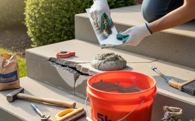 Person repairing cracked concrete steps with tools, emphasizing safety and repair methods, featuring a bucket of concrete mix and various tools for concrete restoration.