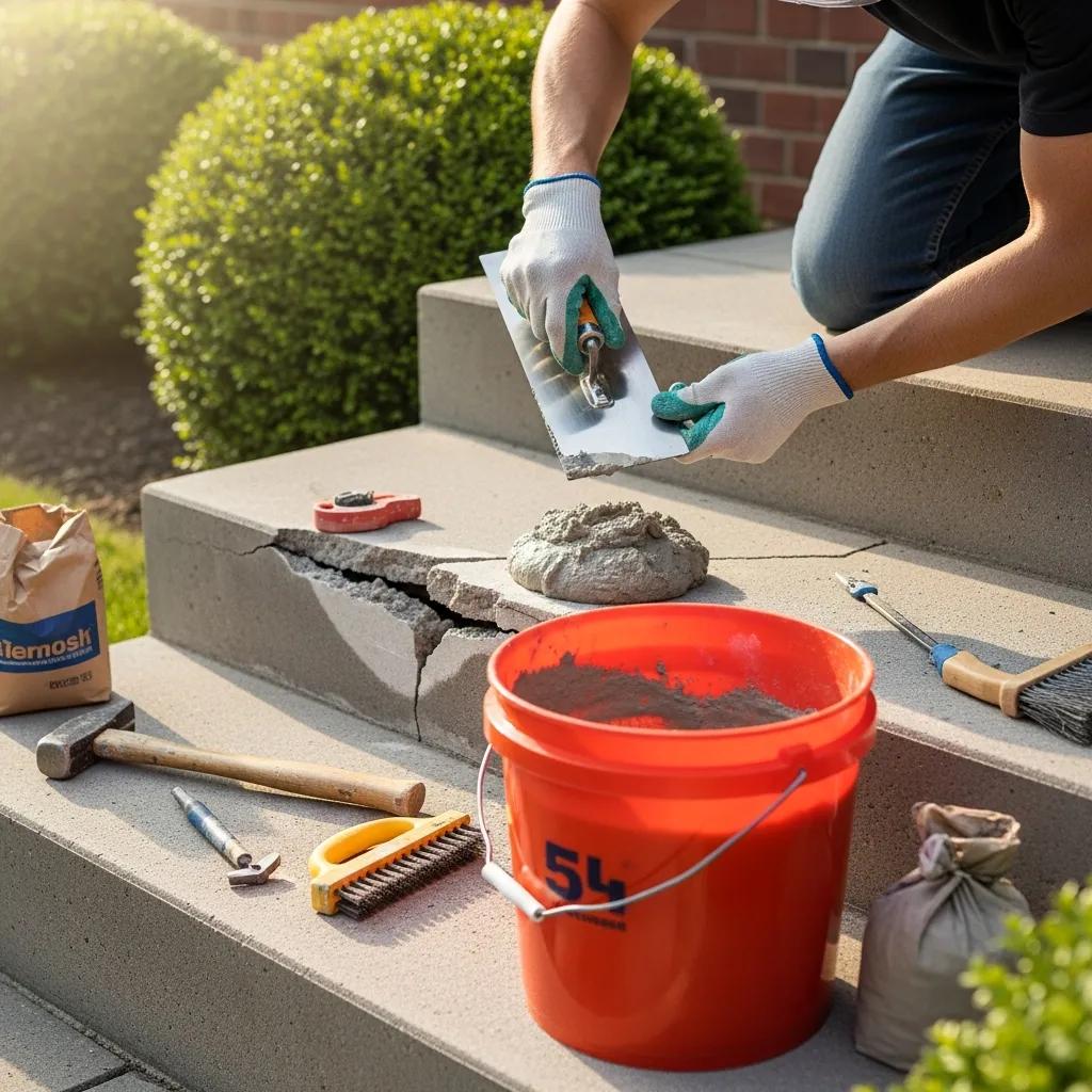 Professional repairing of cracked concrete steps with tools, emphasizing safety and effective repair methods, featuring a worker applying concrete mix and various tools like a trowel, hammer, and measuring tape.