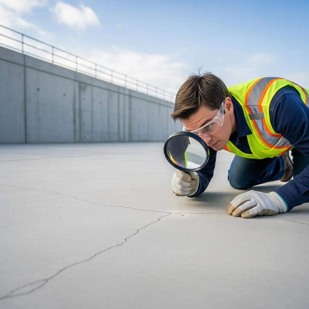 Property owner inspecting concrete surface for cracks with magnifying glass, emphasizing maintenance and durability in concrete structures.