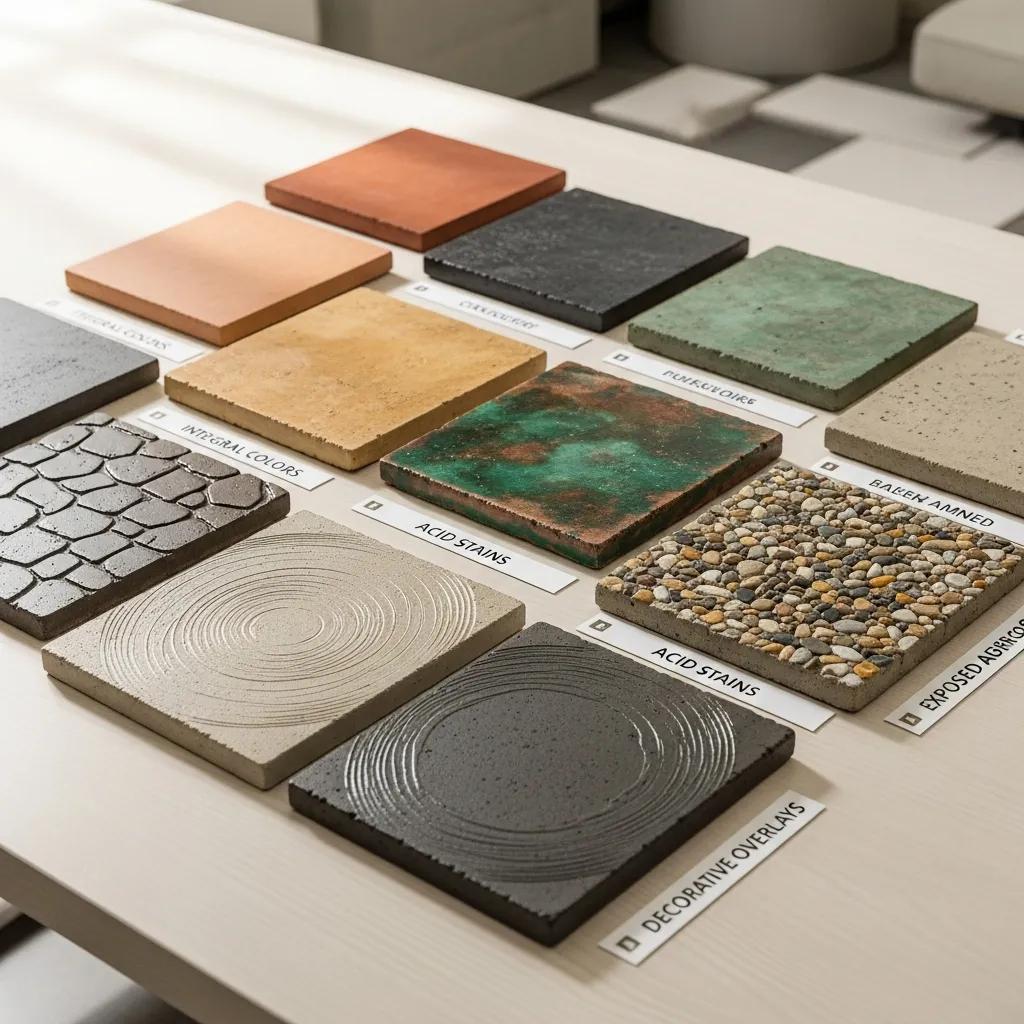 Samples of custom concrete finishes showcasing various textures and colors, including integral colors, acid stains, and decorative overlays, displayed on a table.