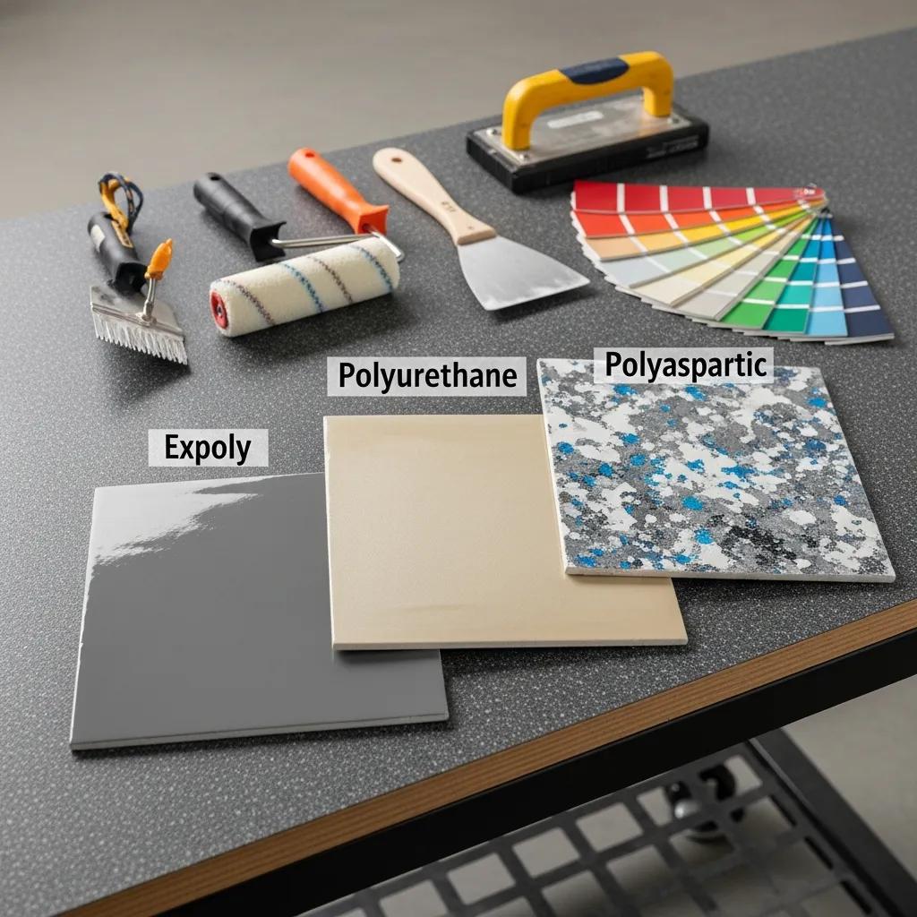 Samples of garage floor coatings including Expoxy, Polyurethane, and Polyaspartic, showcasing options for enhancing concrete floors with tools for application.