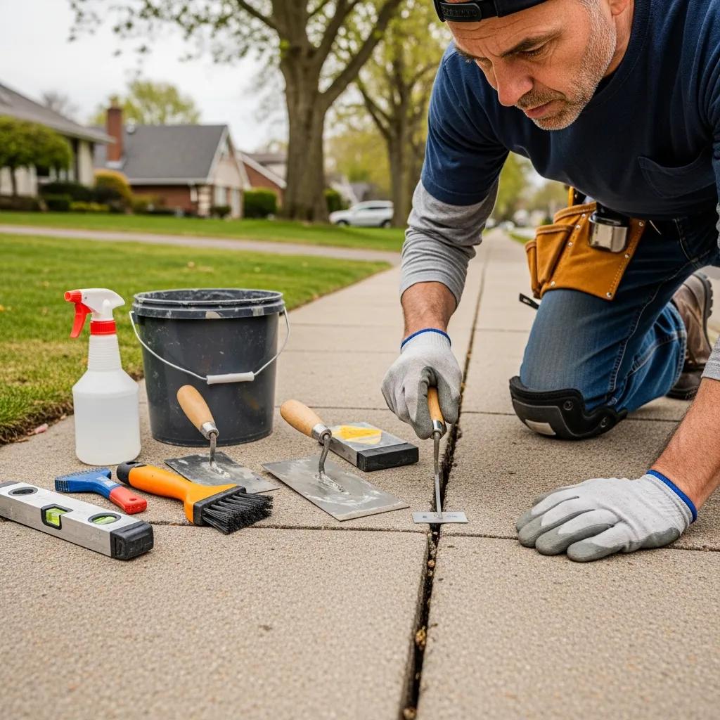 Skilled worker assessing and repairing a cracked concrete sidewalk in a residential area, with tools including trowels, a spray bottle, and a bucket, emphasizing Morici Bros' sidewalk repair services.