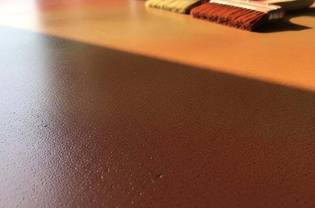 Stained concrete surface displaying rich earthy tones and texture, with paintbrushes in the background, illustrating concrete staining techniques relevant to enhancing aesthetic appeal.