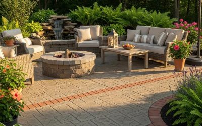 Stylish outdoor stamped concrete patio featuring decorative finishes, fire pit, seating area, and surrounding greenery, illustrating ideal design for enhancing outdoor spaces.