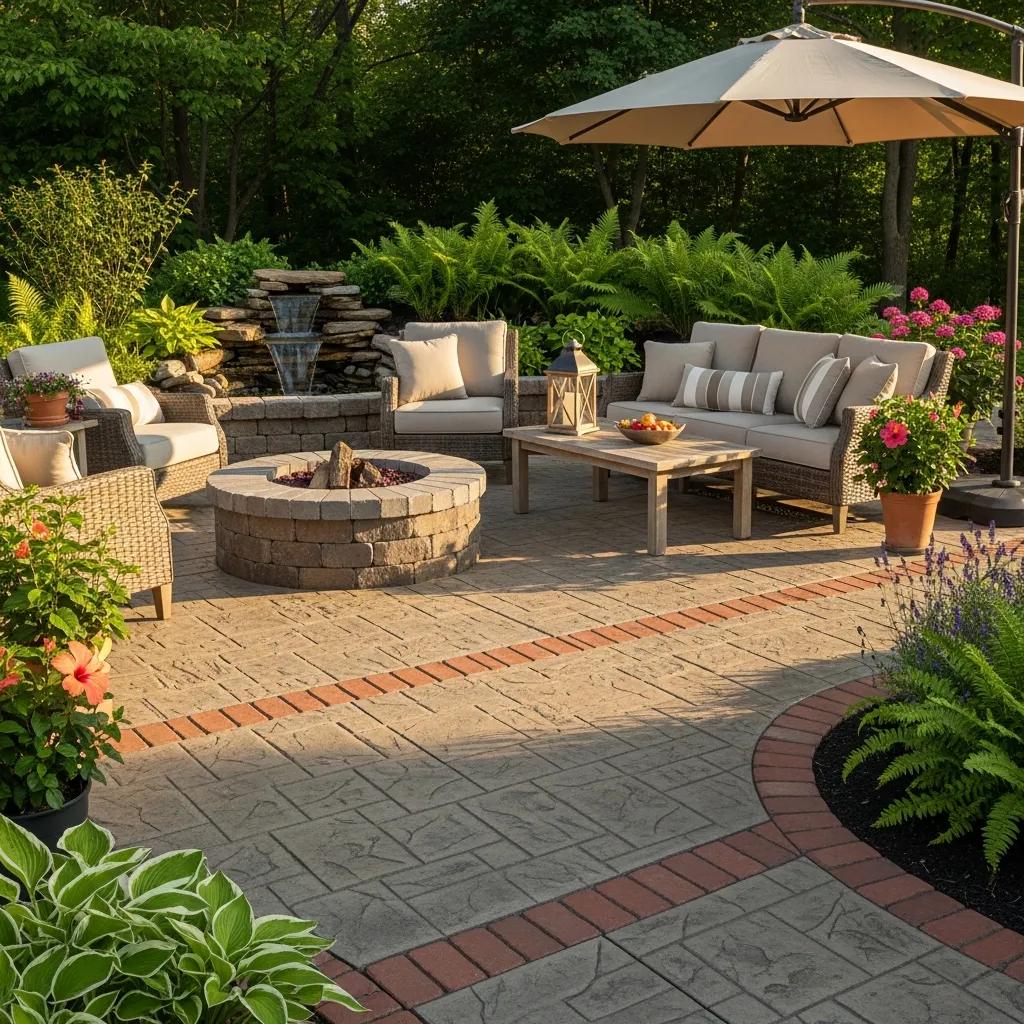 Stylish outdoor stamped concrete patio featuring a fire pit, comfortable seating, decorative finishes, and lush greenery, ideal for enhancing home value and personal style.