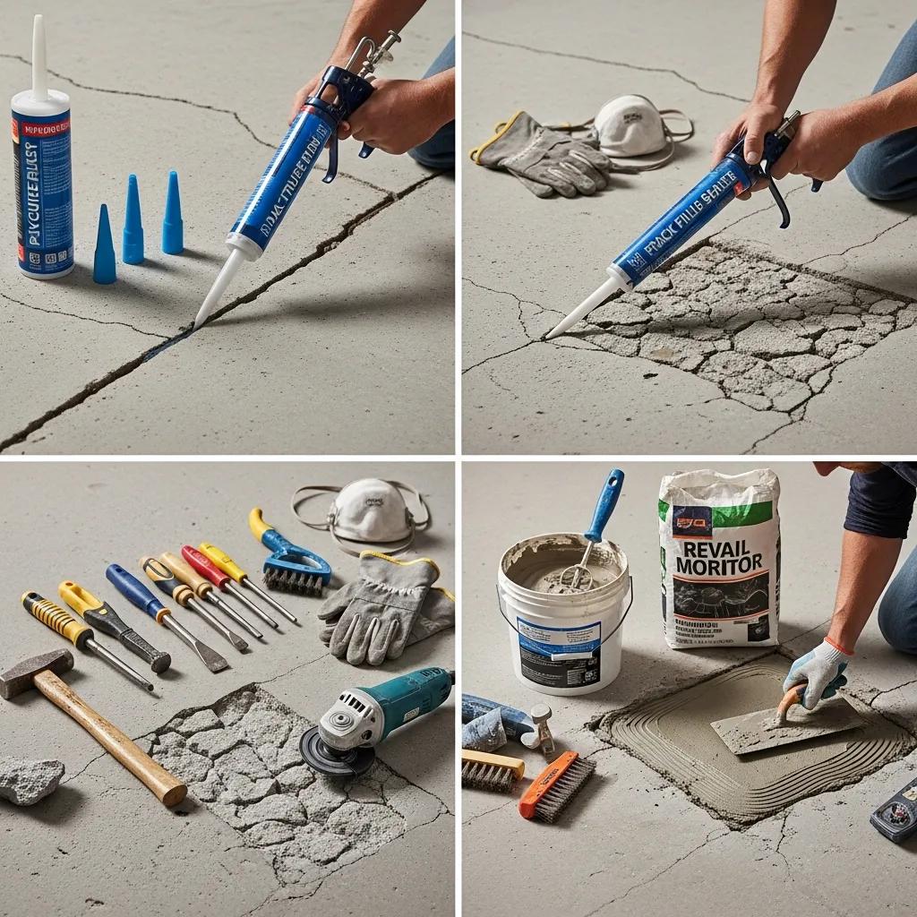 Visual representation of concrete repair methods, including crack filling with epoxy, tools for patching, and repair materials like mortar, emphasizing effective solutions for damaged concrete steps.