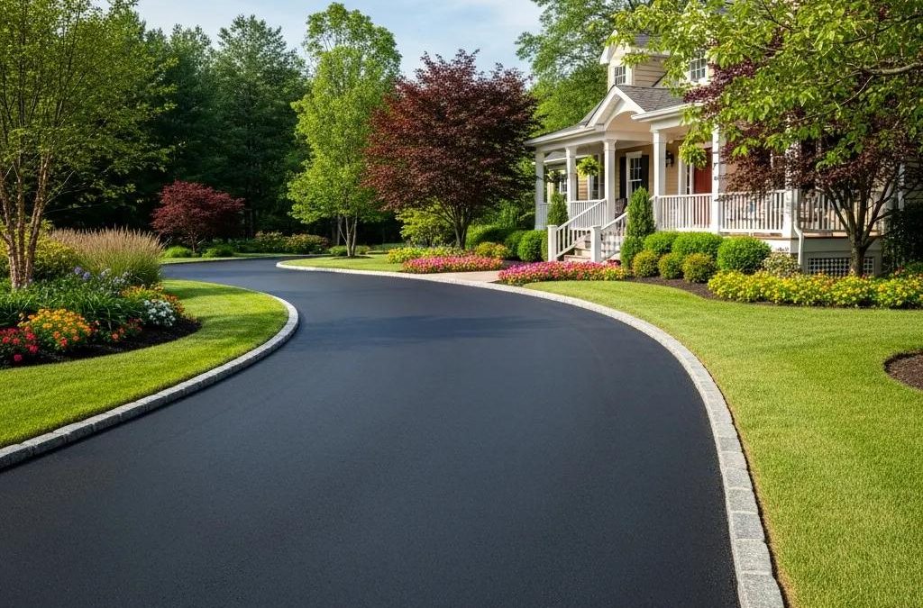 Well-maintained asphalt driveway winding through landscaped garden, enhancing curb appeal of residential property.