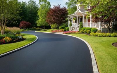 Well-maintained asphalt driveway enhancing home curb appeal, surrounded by landscaped gardens and a welcoming porch.