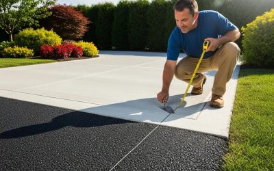 Contractor inspecting exposed aggregate driveway with measuring tools, showcasing driveway maintenance and repair services for enhanced curb appeal.