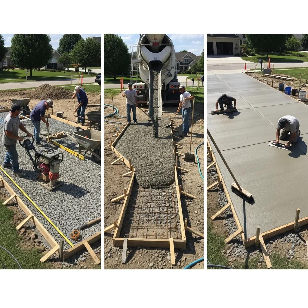 Workers installing a concrete driveway, showcasing site preparation, concrete pouring, and finishing processes, highlighting the installation steps for homeowners.