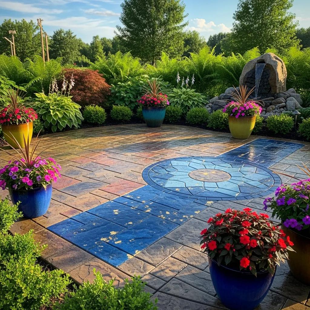 Beautifully designed stamped concrete patio with vibrant flower pots, enhancing outdoor aesthetics in a lush garden setting.