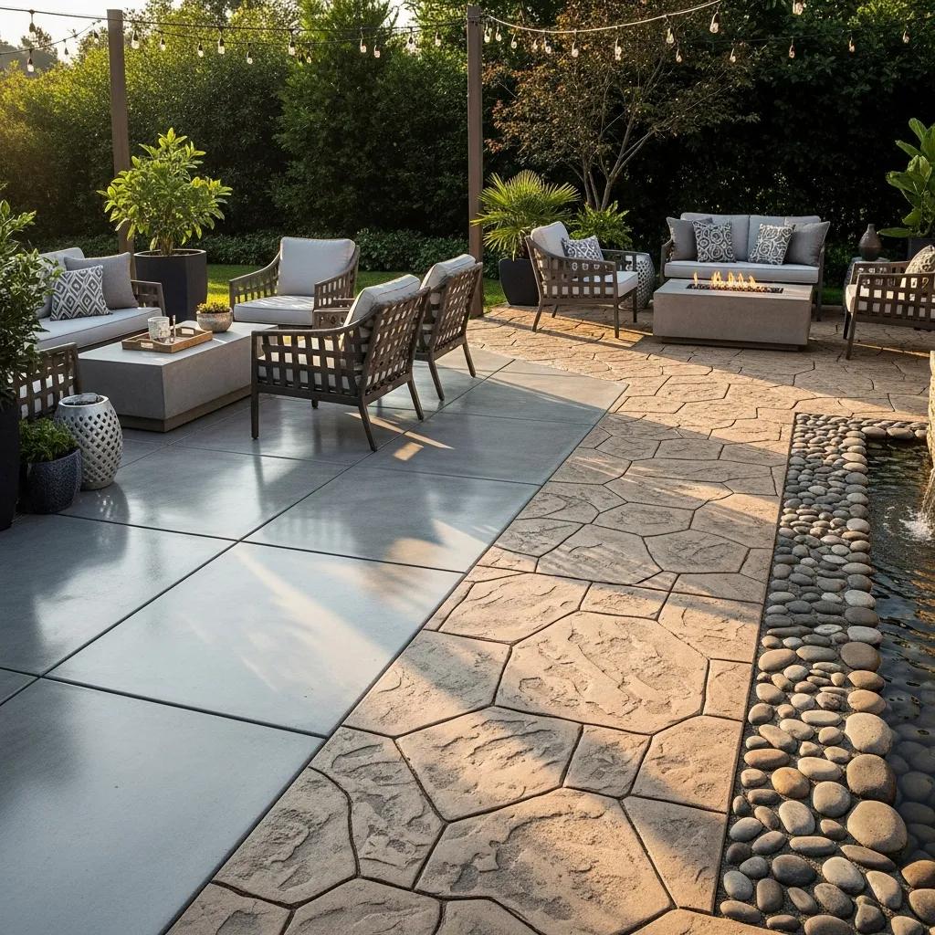Diverse concrete patio design featuring stylish stamped patterns, modern outdoor furniture, and a decorative water feature, ideal for enhancing landscape aesthetics.