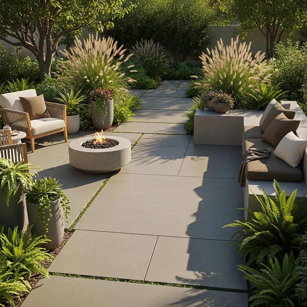 Modern concrete patio design featuring a fire pit, surrounded by lush greenery and decorative plants, showcasing outdoor landscape integration.