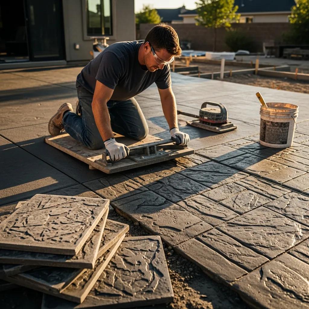 Professional contractor installing stamped concrete, using tools to create textured patterns, with pre-cast concrete slabs nearby, in a residential outdoor setting.