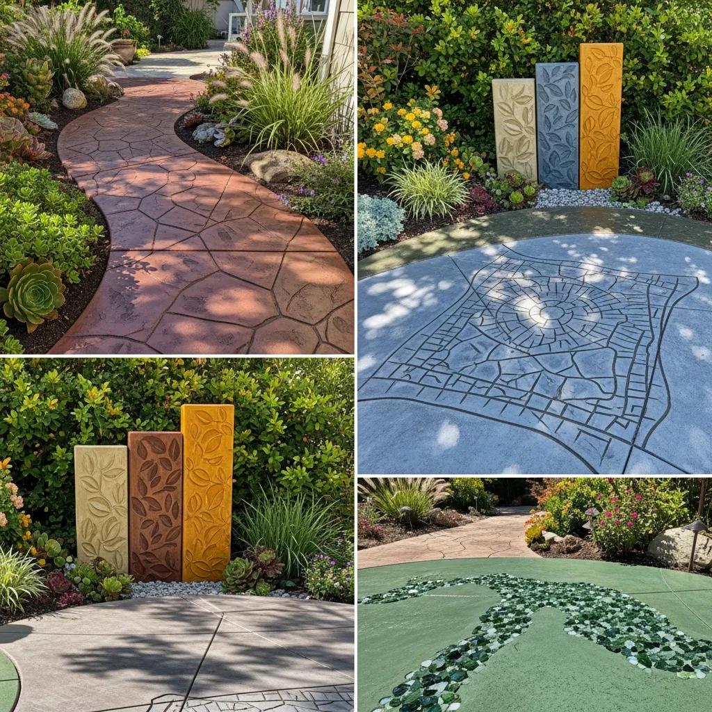 Decorative concrete walkway with stamped patterns, bold colors, and intricate designs in a garden setting, featuring leaf-patterned concrete panels and lush landscaping.