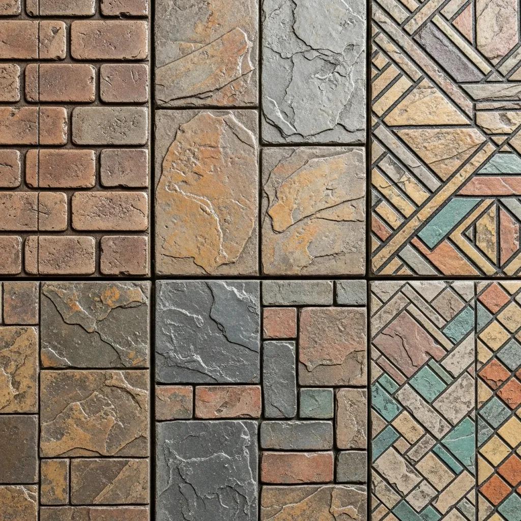 Variety of stamped concrete patterns including brick, stone, and geometric designs, showcasing customization options for decorative concrete services in South Milwaukee.