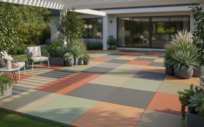Colorful pigmented concrete patio with geometric tiles, surrounded by modern furniture and lush greenery, enhancing outdoor aesthetics for residential spaces.