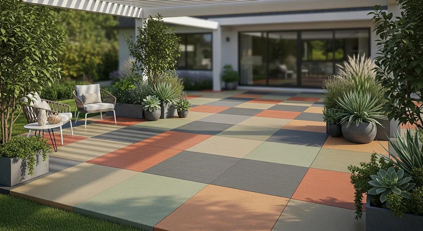 Colorful pigmented concrete patio with modern seating, surrounded by greenery and decorative planters, enhancing outdoor aesthetic for residential spaces.