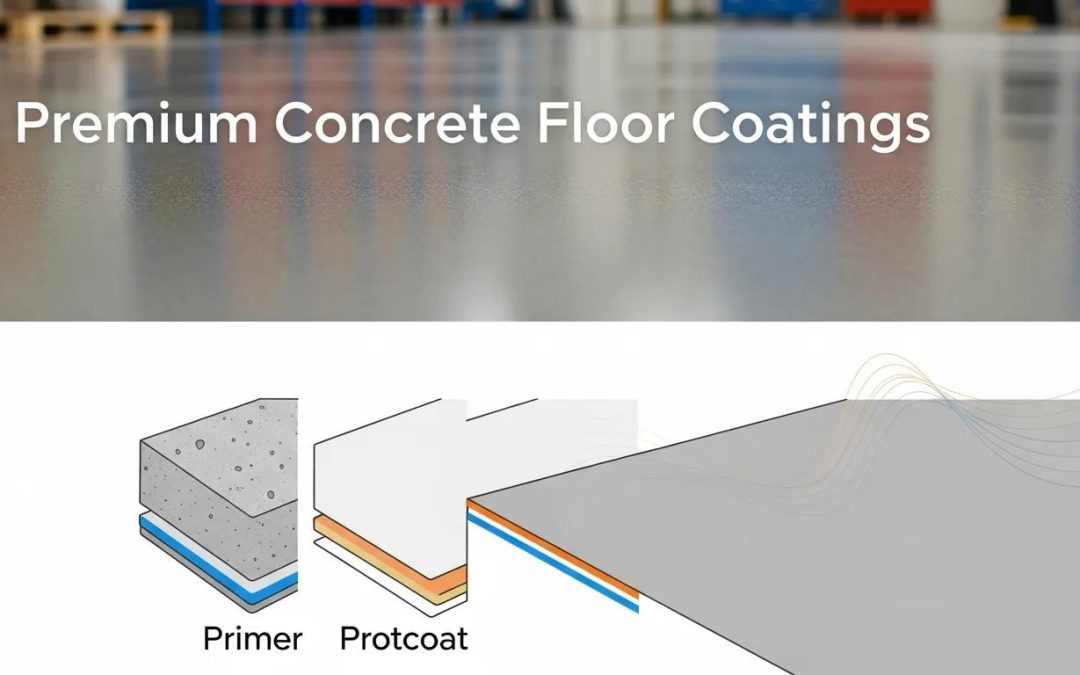 Premium concrete floor coatings with primer and protcoat layers, showcasing durability and aesthetic enhancement for concrete surfaces.