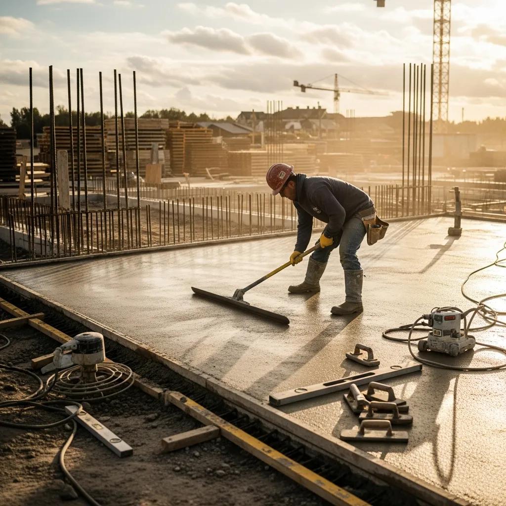 Concrete finisher smoothing a freshly poured concrete surface on a construction site, showcasing skill and attention to detail in the concrete industry.