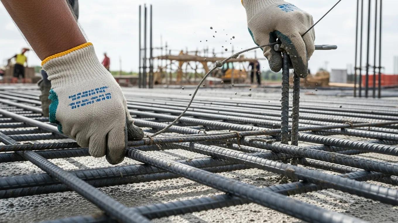 A construction worker installing steel rebar in a concrete slab at a construction site