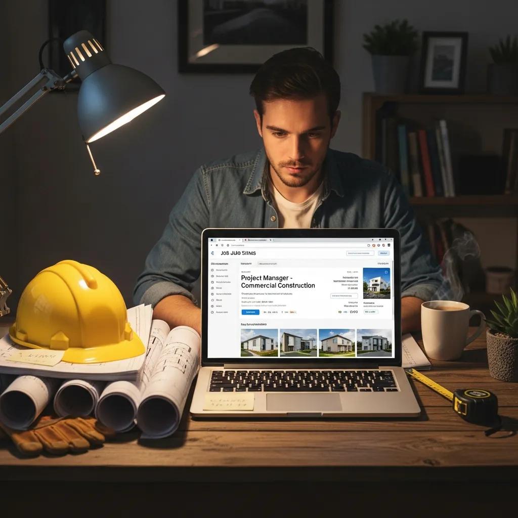 Job seeker exploring concrete job listings on laptop, highlighting resources for employment in the concrete industry, with construction plans, safety helmet, and measuring tape on desk.