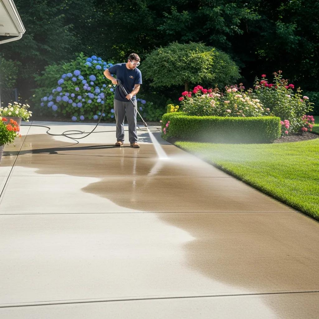 A person cleaning a restored concrete patio with a pressure washer in a garden setting