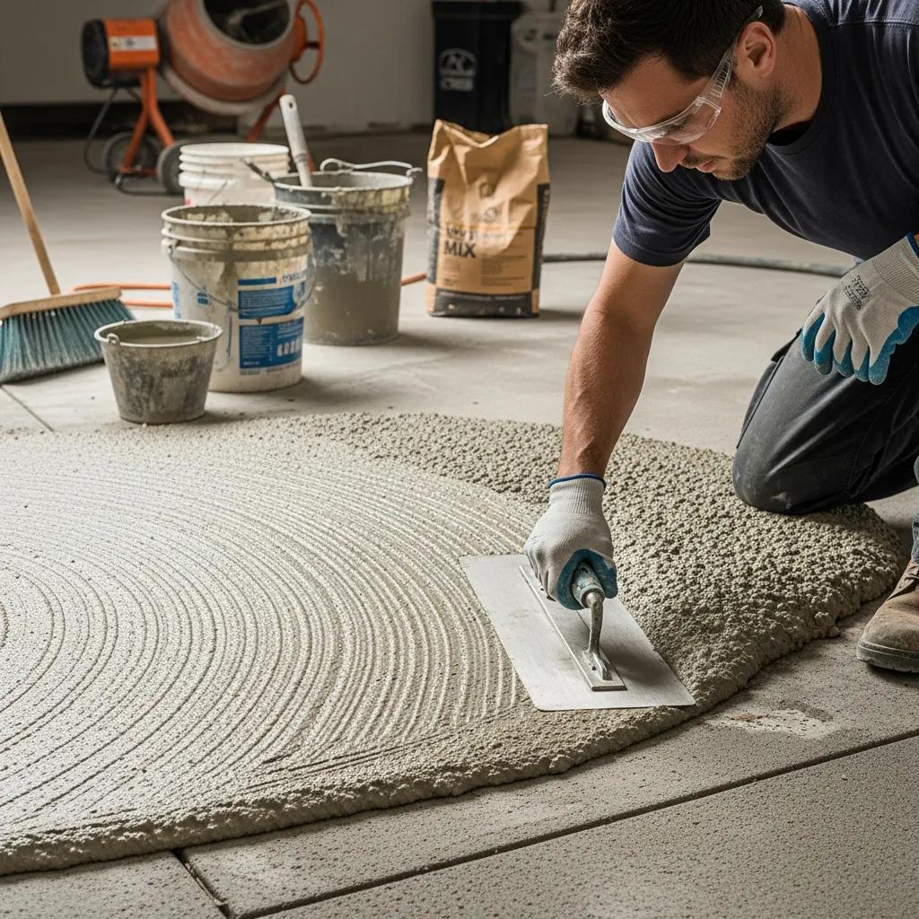 A professional applying concrete resurfacing technique with tools and materials in the background