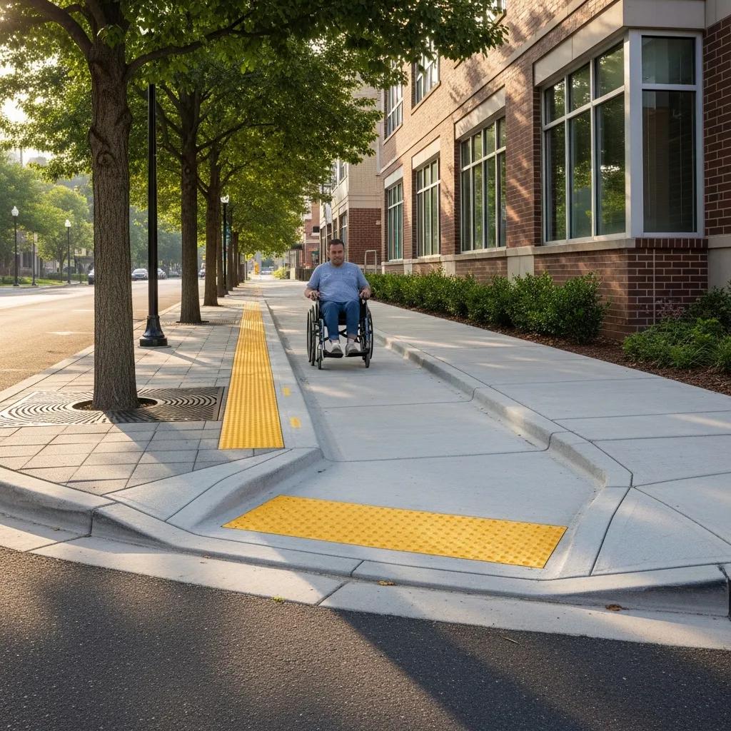 ADA-compliant sidewalk with curb ramps and textured surfaces, promoting accessibility for all pedestrians