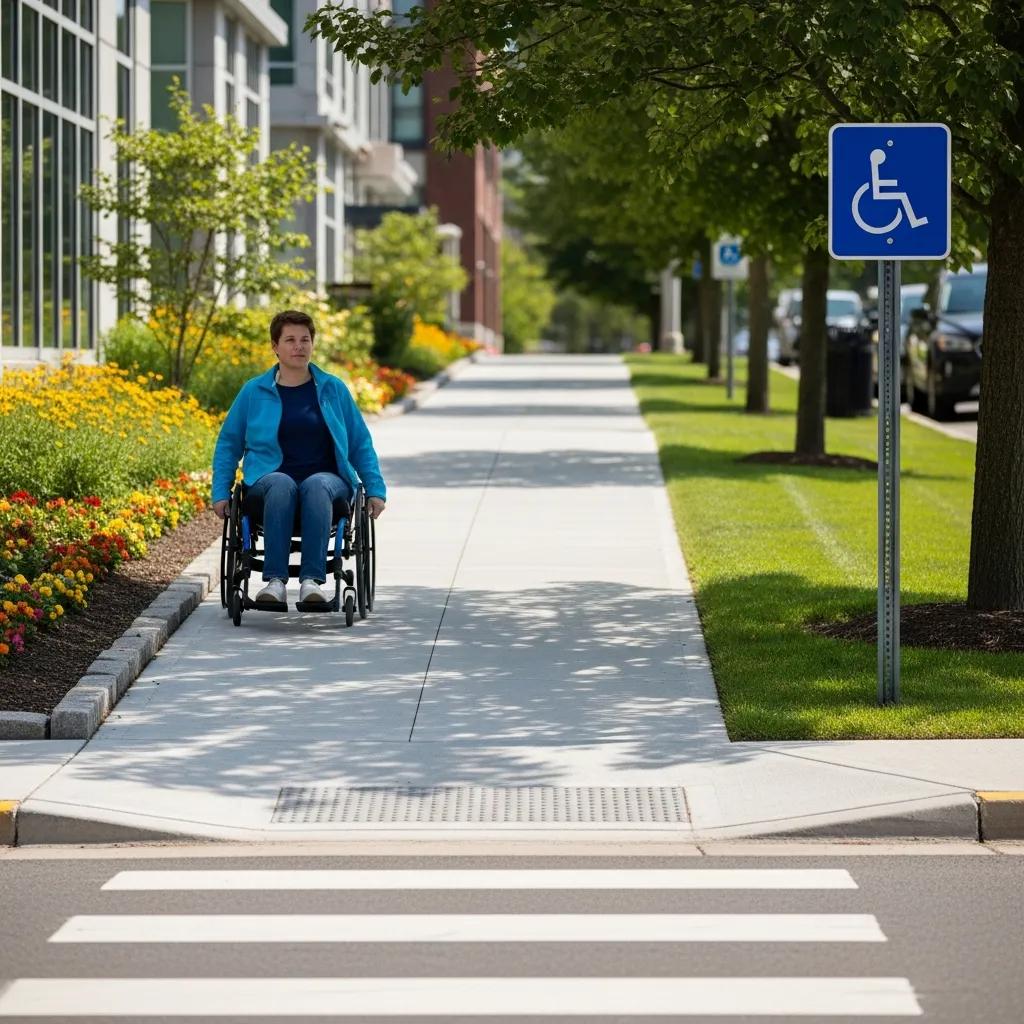 Wheelchair user navigating an ADA-compliant sidewalk with accessibility features, surrounded by landscaped flowers and a designated handicap sign in Cudahy.