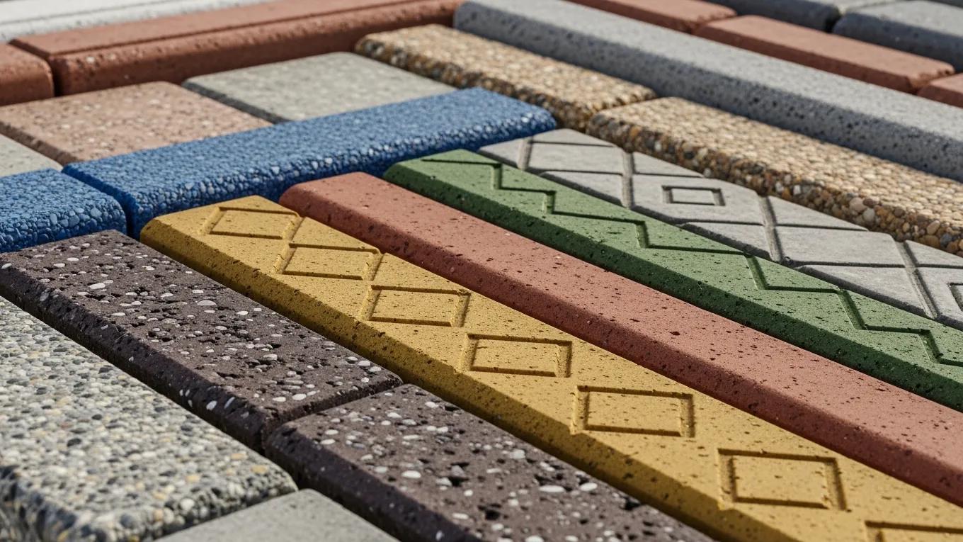 Colorful concrete border designs showcasing various textures and patterns, emphasizing contrasting colors for landscaping aesthetics and functionality.
