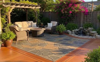 Beautifully designed concrete patio with decorative styles, outdoor seating area, pergola, and landscaped greenery, enhancing residential backyard space for relaxation and gatherings.