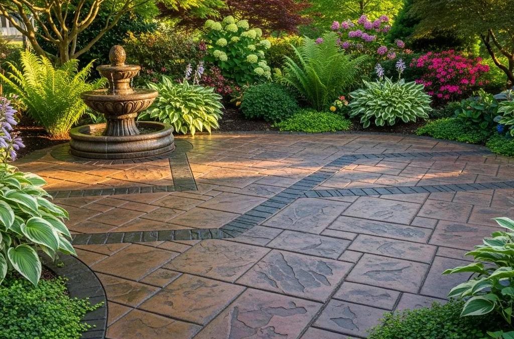 Beautifully designed stamped concrete patio enhancing outdoor space aesthetics
