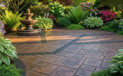 Beautifully designed stamped concrete patio with a central fountain, surrounded by lush greenery and colorful flowers, enhancing outdoor aesthetics for relaxation and entertainment.