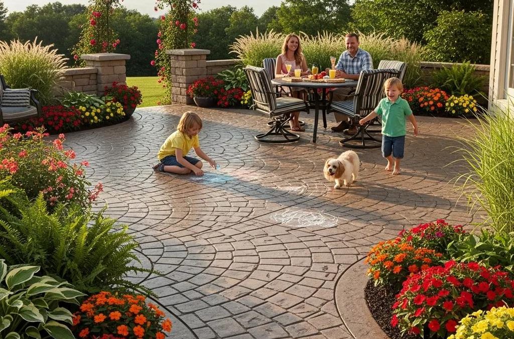 Beautifully designed stamped concrete patio with cobblestone pattern surrounded by greenery