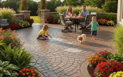 Beautifully designed stamped concrete patio with cobblestone pattern, surrounded by vibrant flowers, featuring a family enjoying a meal and children playing, illustrating outdoor living and concrete craftsmanship.