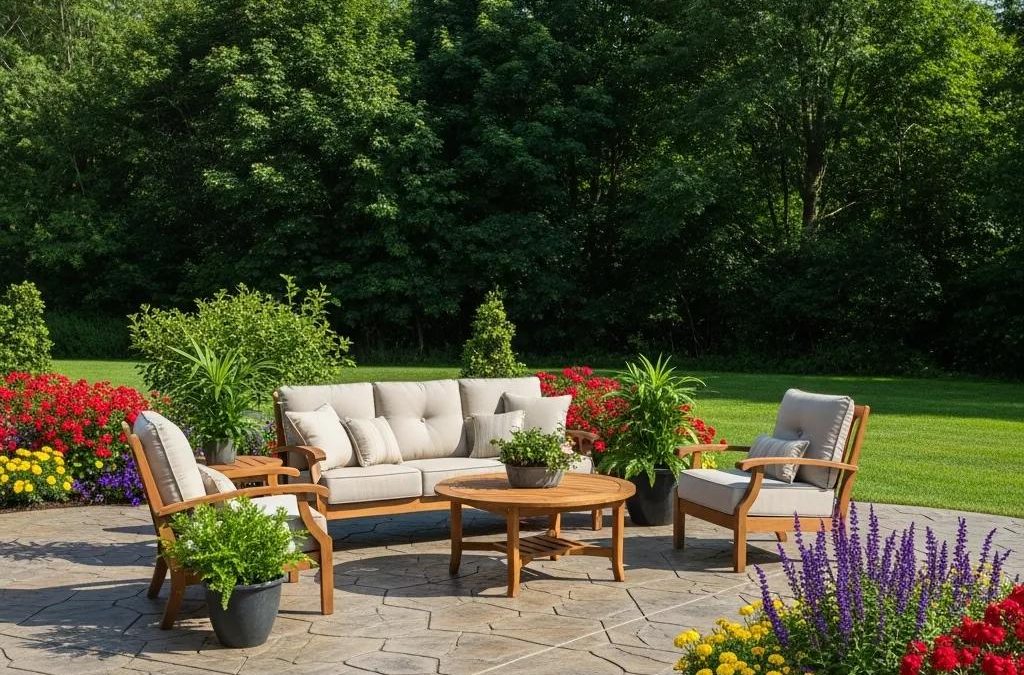 Beautifully designed stamped concrete patio with intricate patterns surrounded by greenery