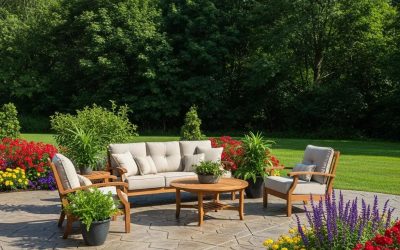 Beautifully designed stamped concrete patio with intricate patterns, surrounded by colorful flowers and greenery, featuring comfortable outdoor seating and a circular table.