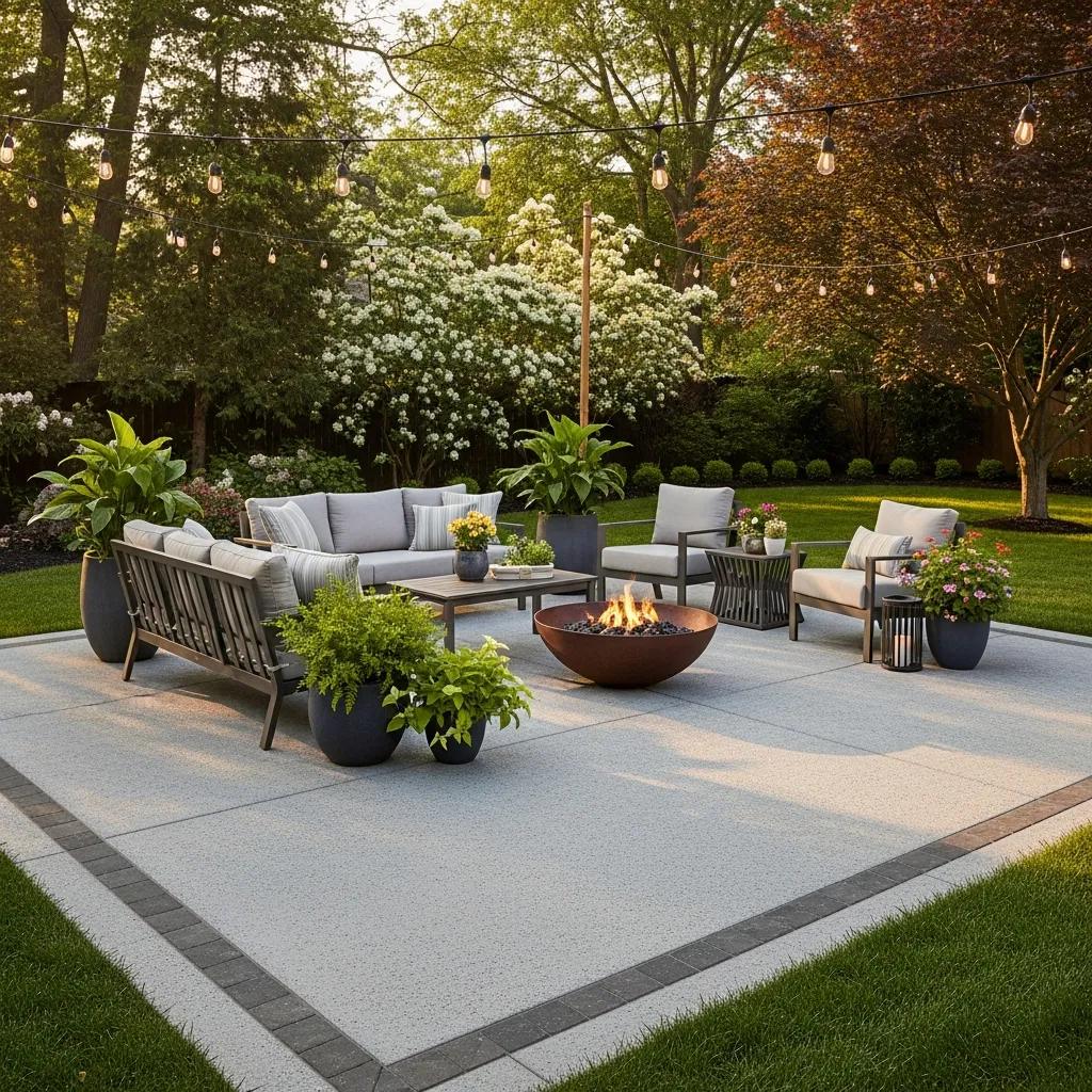 Beautifully finished concrete patio with decorative elements in a backyard setting