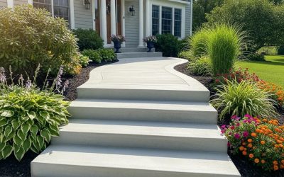 Beautifully installed concrete steps leading to a residential entrance, surrounded by lush greenery and colorful flowers, showcasing durable and aesthetically pleasing design for homes in Waukesha, WI.