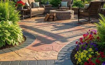 Beautifully installed stamped concrete patio in Oak Creek, featuring intricate patterns, vibrant landscaping, and cozy seating around a fire pit.