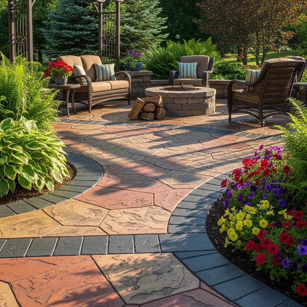 Beautifully installed stamped concrete patio with intricate patterns, surrounded by vibrant landscaping and seating area in Oak Creek, WI.
