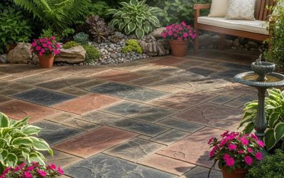 Beautifully stamped concrete patio with intricate patterns, surrounded by vibrant greenery and colorful flower pots, enhancing outdoor living space.