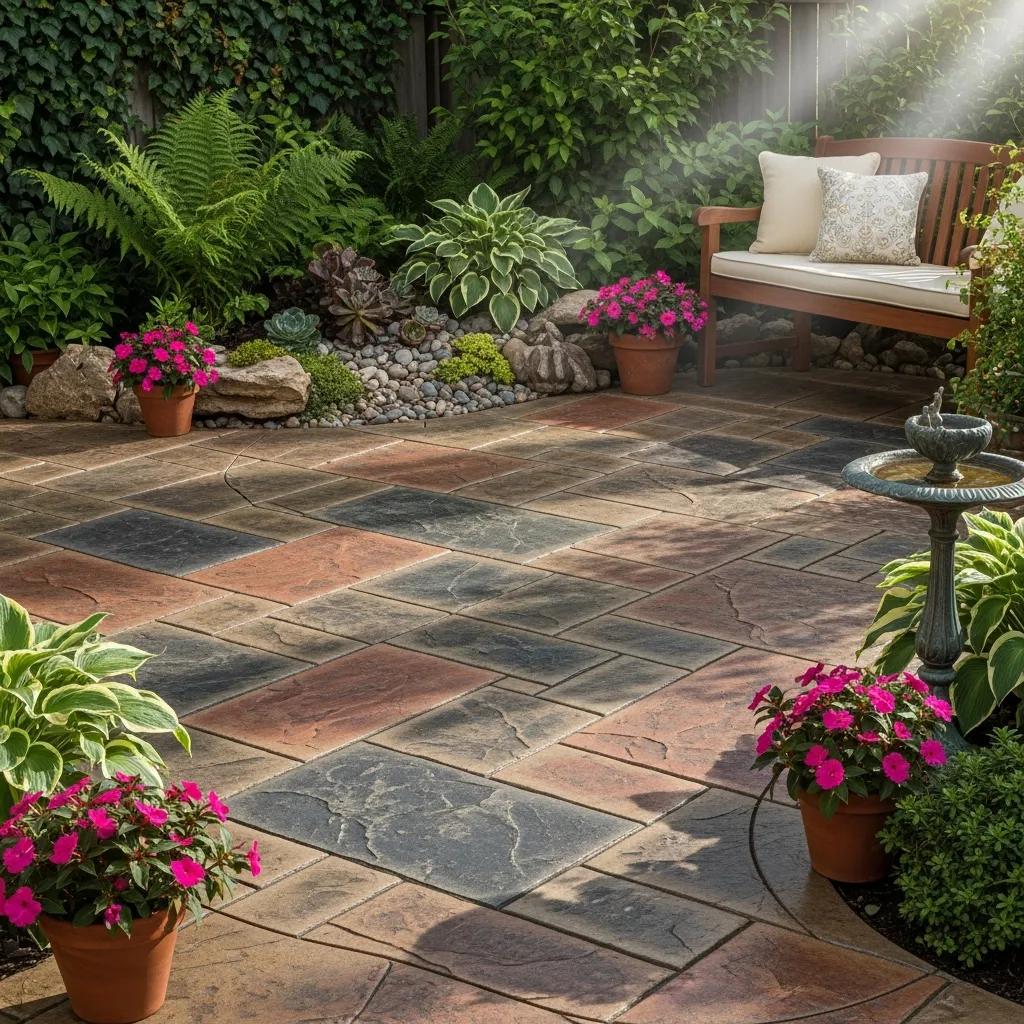 Beautifully stamped concrete patio with intricate patterns, surrounded by vibrant flowers and greenery, showcasing outdoor enhancement potential in Cudahy, WI.