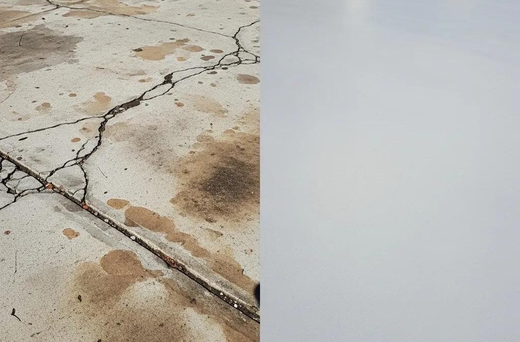 Before and after concrete restoration showing a damaged and a newly restored surface