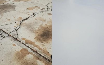 Before and after image of concrete restoration, showcasing a damaged, cracked surface on the left and a newly restored, smooth surface on the right, illustrating effective concrete repair solutions.