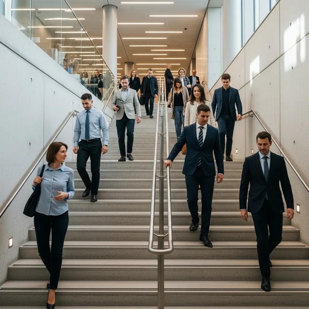 Busy commercial concrete staircase designed for high foot traffic with safety features